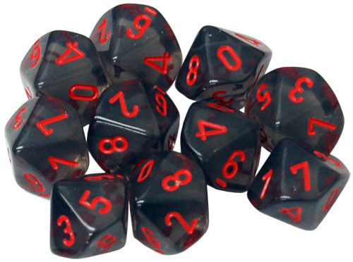 CHESSEX: SET 10 DADOS - D10: TRANSLUCENT SMOKE/RED1