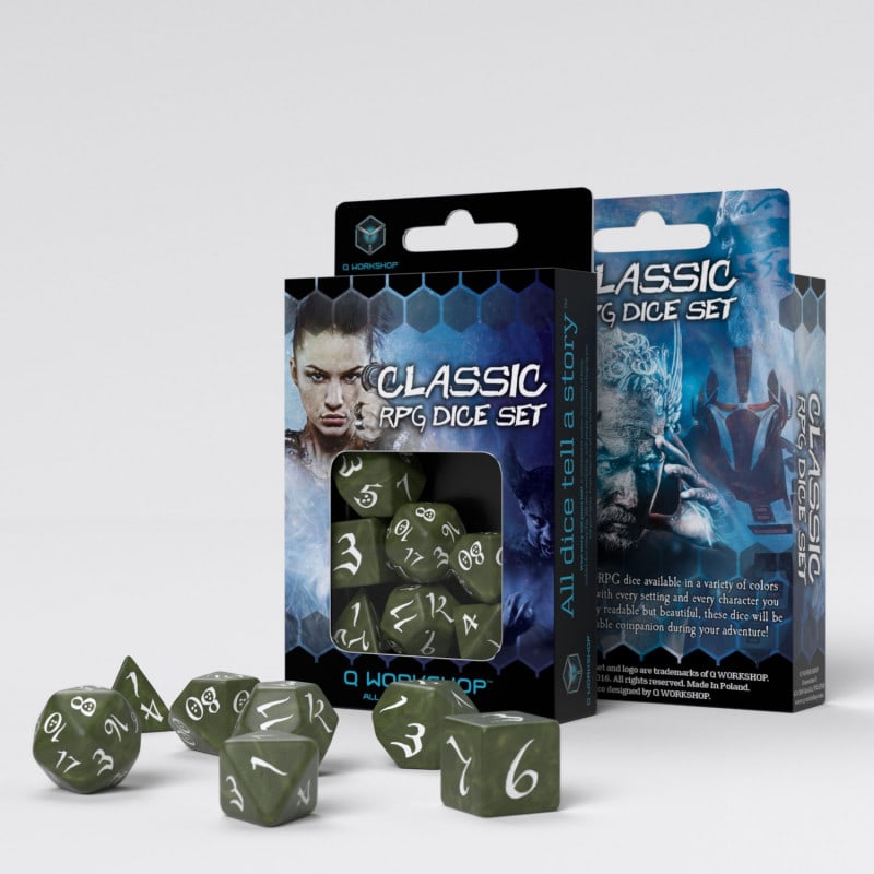 QWORKSHOP CLASSIC RPG OLIVE & WHITE DICE SET (7)1