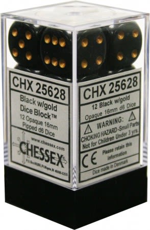 CHESSEX: SET 12 DADOS - D6: BLACK/GOLD OPAQUE1
