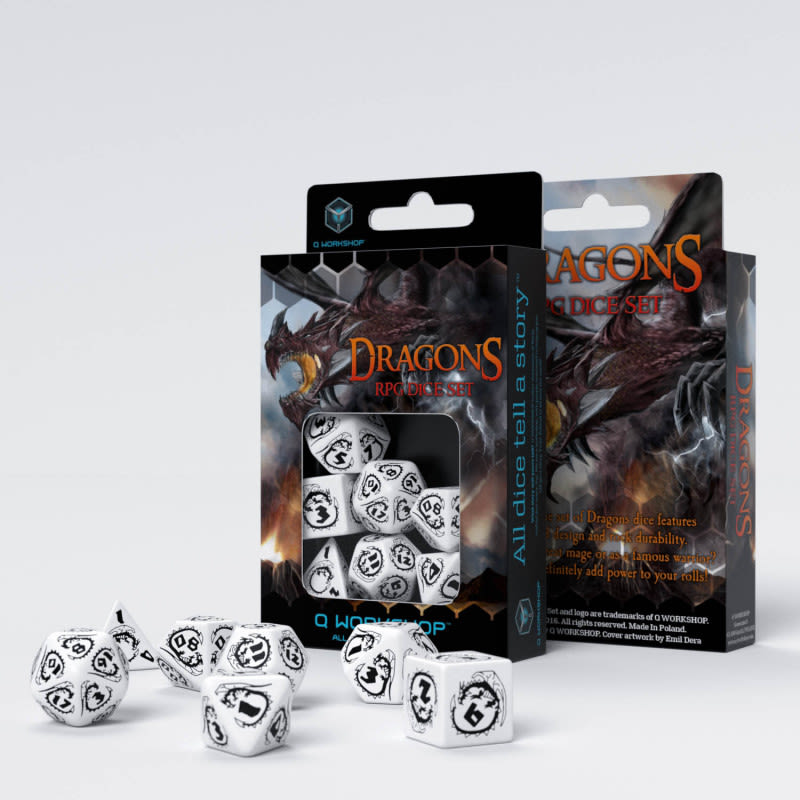 QWORKSHOP DRAGONS WHITE & BLACK DICE SET (7)1