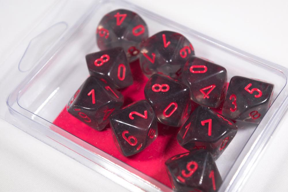 CHESSEX: SET 10 DADOS - D10: TRANSLUCENT SMOKE/RED2