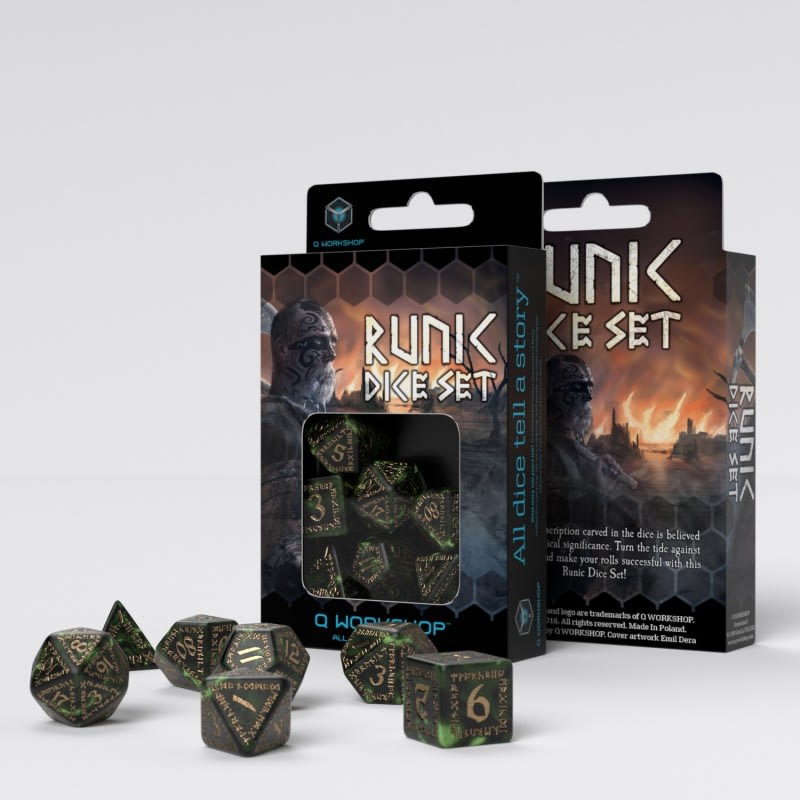 QWORKSHOP RUNIC BOTTLE-GREEN & GOLD DICE SET1