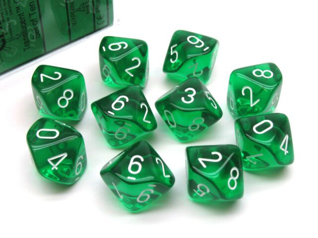 CHESSEX: SET 10 DADOS - D10: TRASLUCENT GREEN/WHITE1