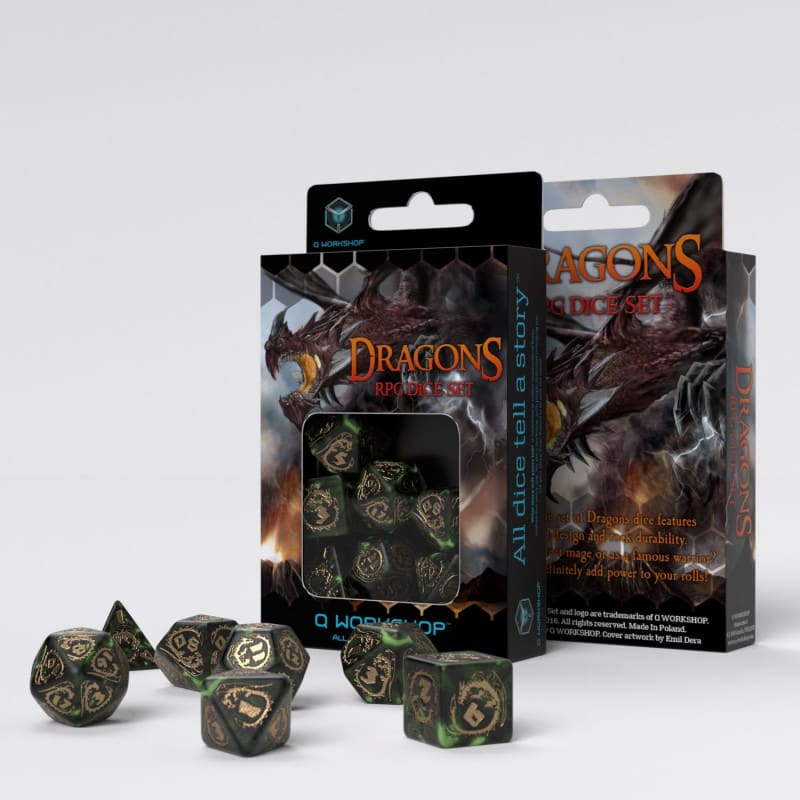 QWORKSHOP DRAGONS BOTTLE-GREEN & GOLD DICE SET (7)1