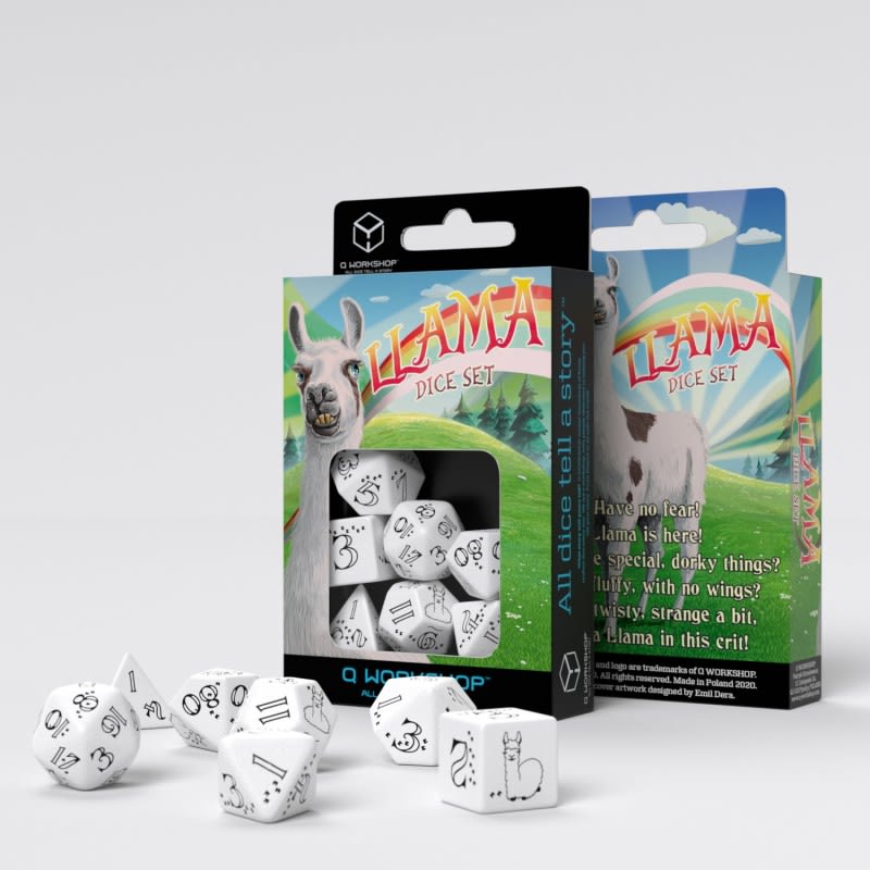 QWORKSHOP BRIGHT LLAMA DICE SET (WHITE & BLACK)1