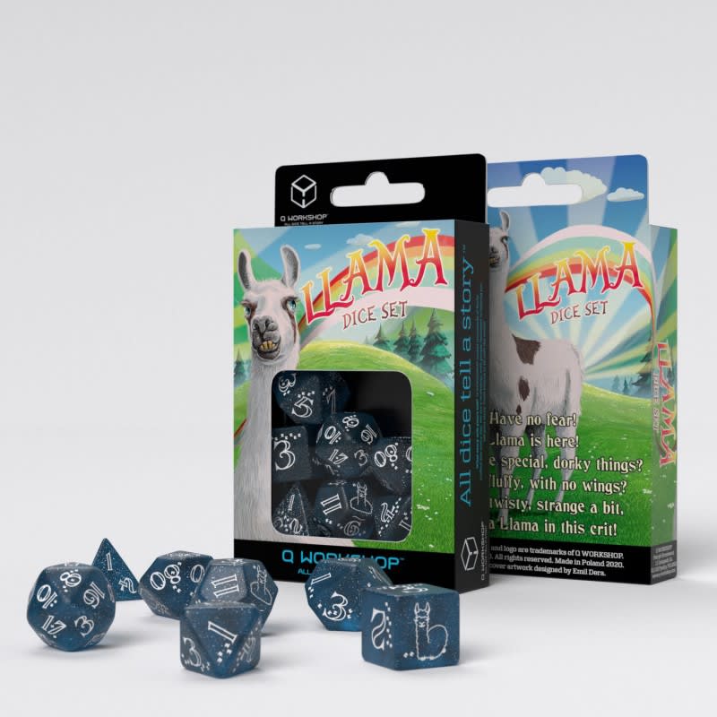 QWORKSHOP SHIMMERING LLAMA DICE SET (GLITTERING DARK BLUE & WHITE)1