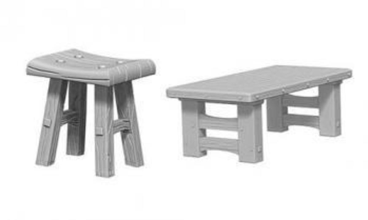 WIZKIDS DEEP CUTS UNPAINTED MINIATURES: WOODEN TABLE & STOOLS1