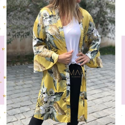 KIMONO MANGA VUELO ESTAMPADO AMARILLO GRIS KIMONO MANGA VUELO ESTAMPADO AMARILLO GRIS