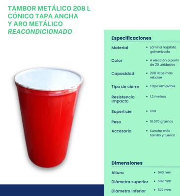 Tambor metálico 208 Lts con tapa y zuncho metálico color rojo1