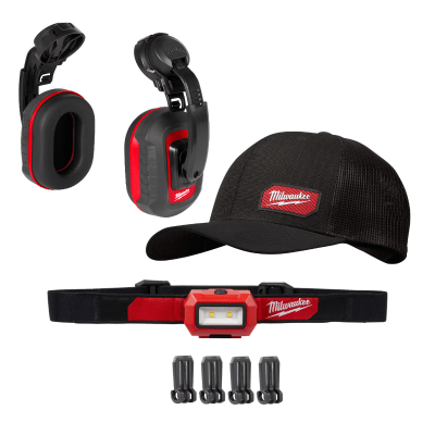 PACK CYBER KIT SEGURIDAD EN OBRA: OREJERAS 48-73-3250 + LINTERNA 2103 + GORRA 505B MILWAUKEE1