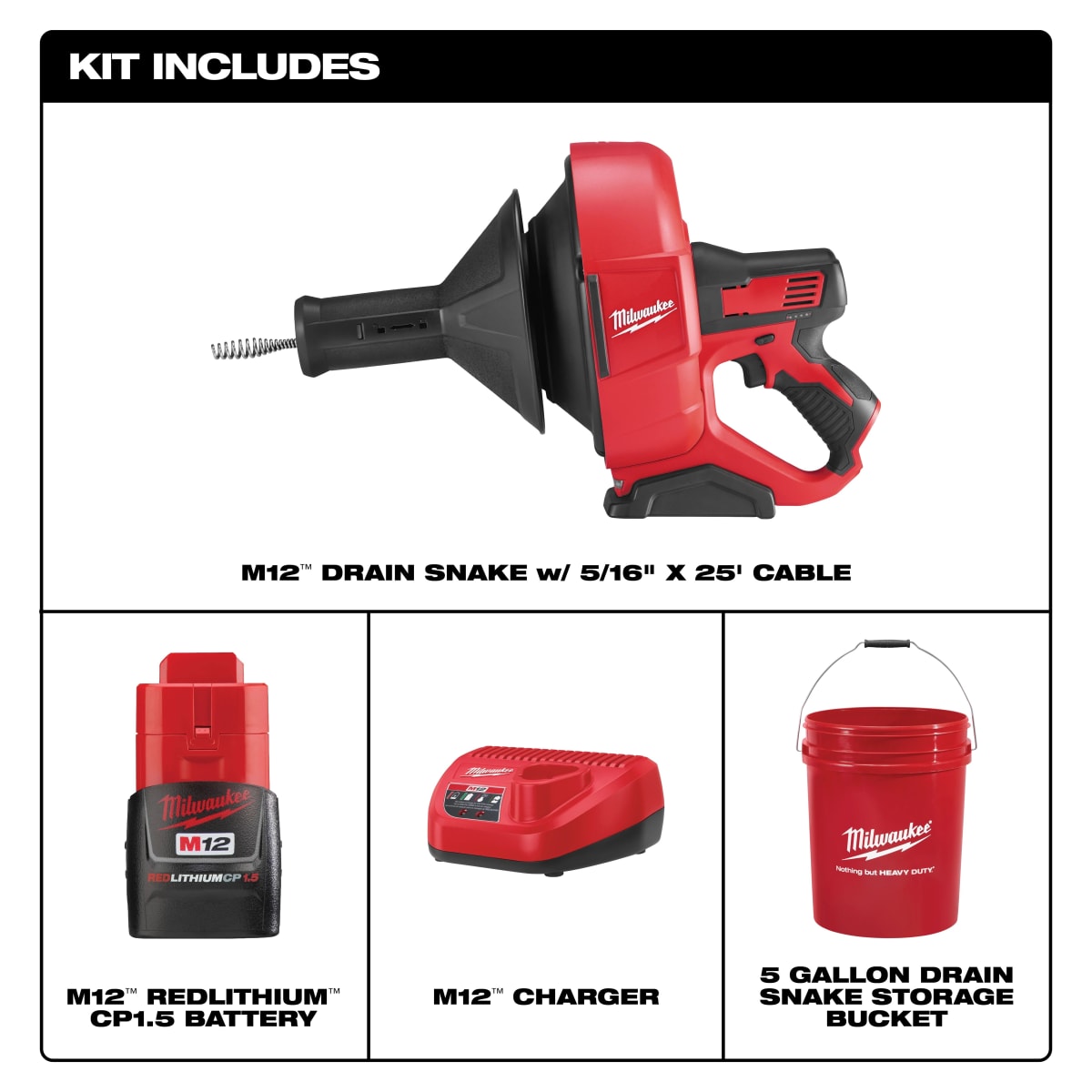 KIT DESTAPADOR DE DESAGÜES + CARGADOR M12 + CUBETA MILWAUKEE 2571-212