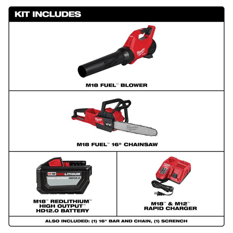 KIT MOTOSIERRA + SOPLADOR + BAT 12 AH FUEL M18 MILWAUKEE 2727-21HDB2