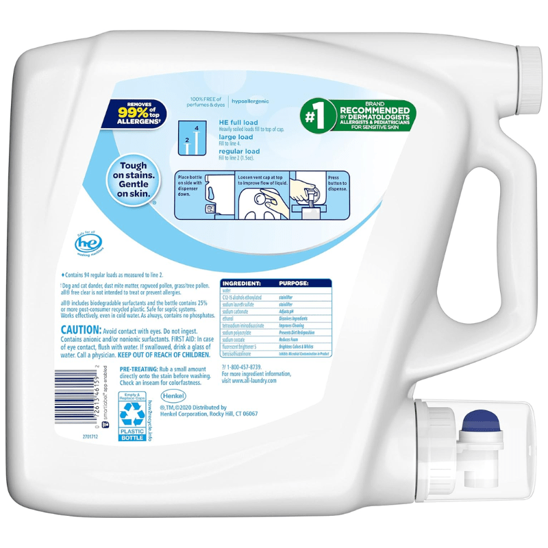 DETERGENTE PARA ROPA HIPOALERGÉNICO 100% LIBRE DE PERFUMES Y TINTES (4.16 L) ALL 29578303