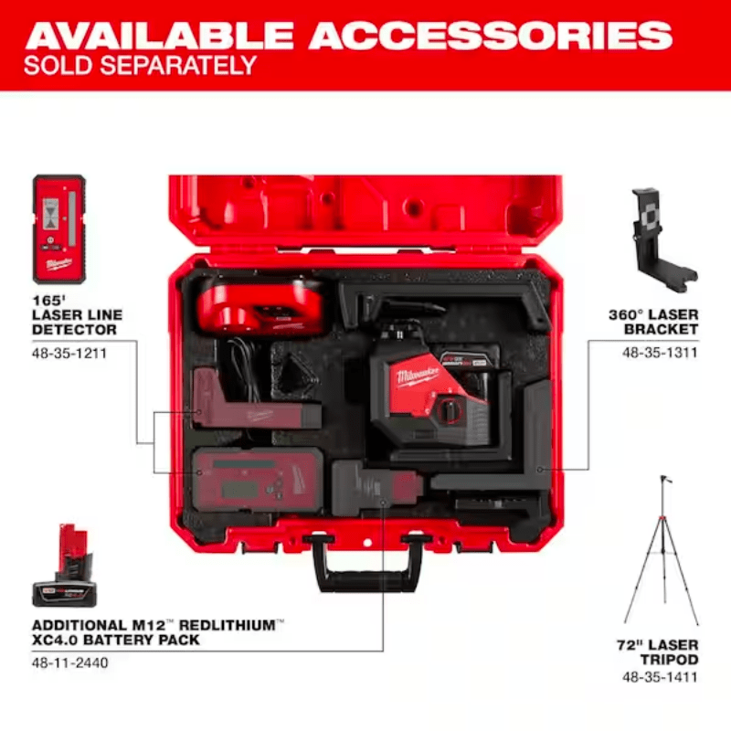 KIT DE LASER VERDE DE UN SOLO PLANO DE 360° CON CARGADOR Y BATERIA M12 MILWAUKEE 3631-213