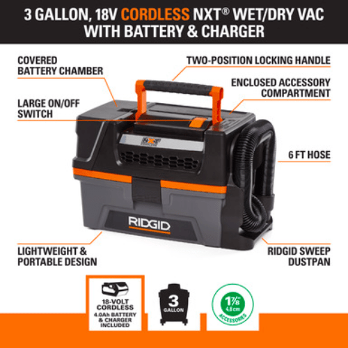 ASPIRADORA 3 GAL INALAMBRICA RIDGID 18V HD03203