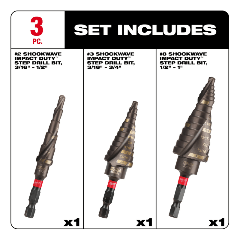 JUEGO DE BROCAS MECÁNICAS ESCALONADAS SHOCKWAVE MILWAUKEE 48-89-92563