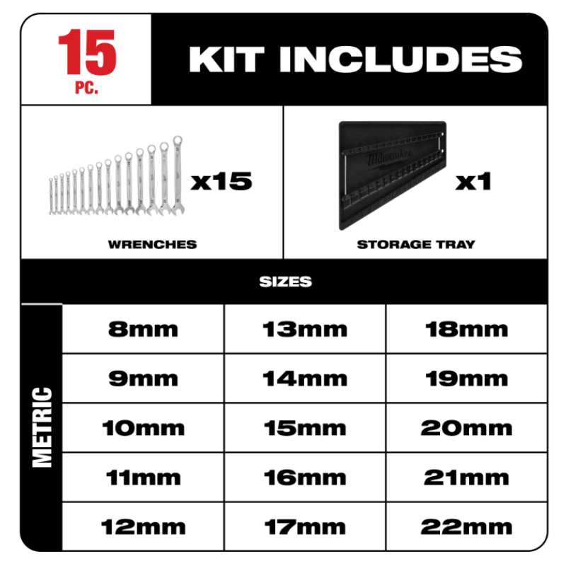 JUEGO 15 LLAVES COMBINADAS MÉTRICAS MILWAUKEE 48-22-95154