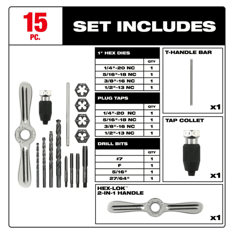 KIT 15 PCS DE MACHOS DE ROSCAR Y TROQUELES SAE MILWAUKEE 49-22-56023
