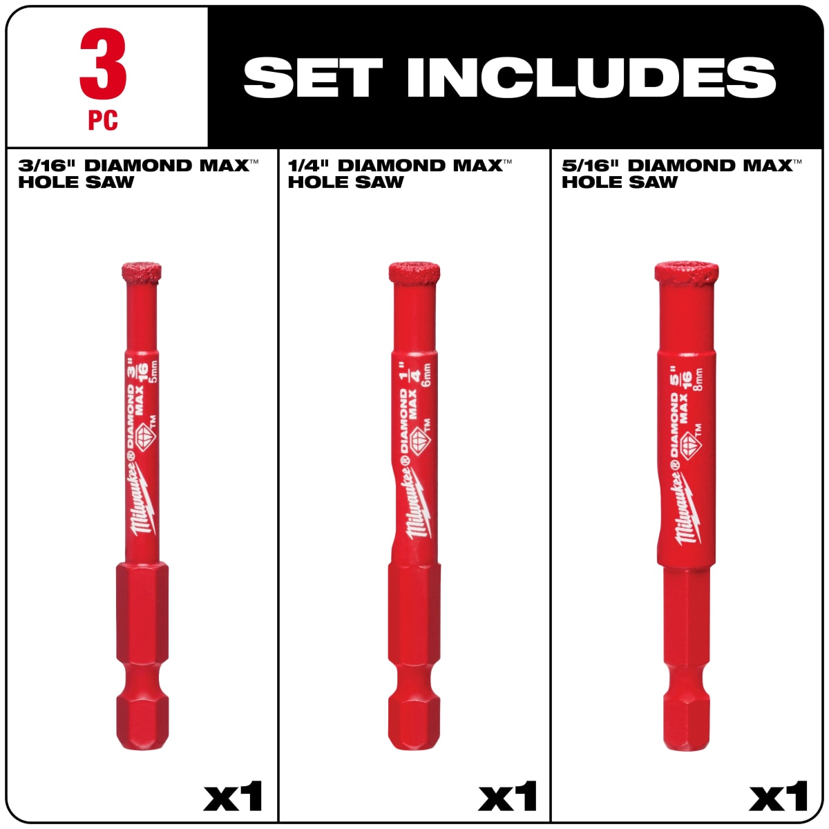 SET 3PC BROCA DIAMANTE PARA PORCELANATO, AZULEJO Y PIEDRA MILWAUKEE 49-56-05003