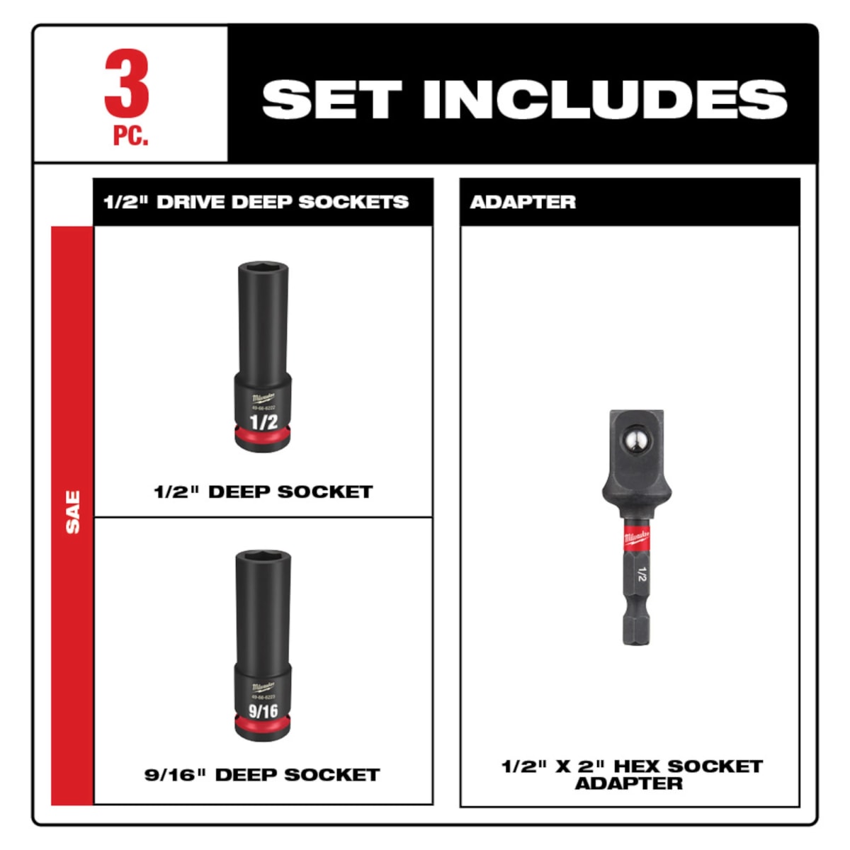 SET 3PC DADOS DE IMPACTO CON IMPULSOR DE 1/2 MILWAUKEE 49-66-44852