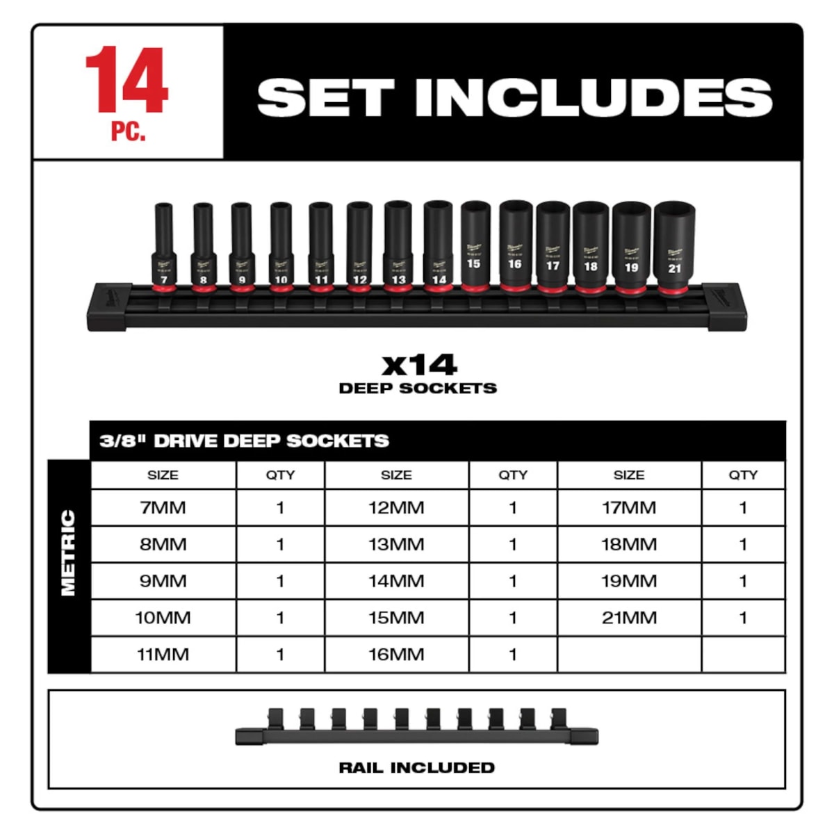 SET 14PC DADOS MÉTRICOS 6 PUNTAS 3/8