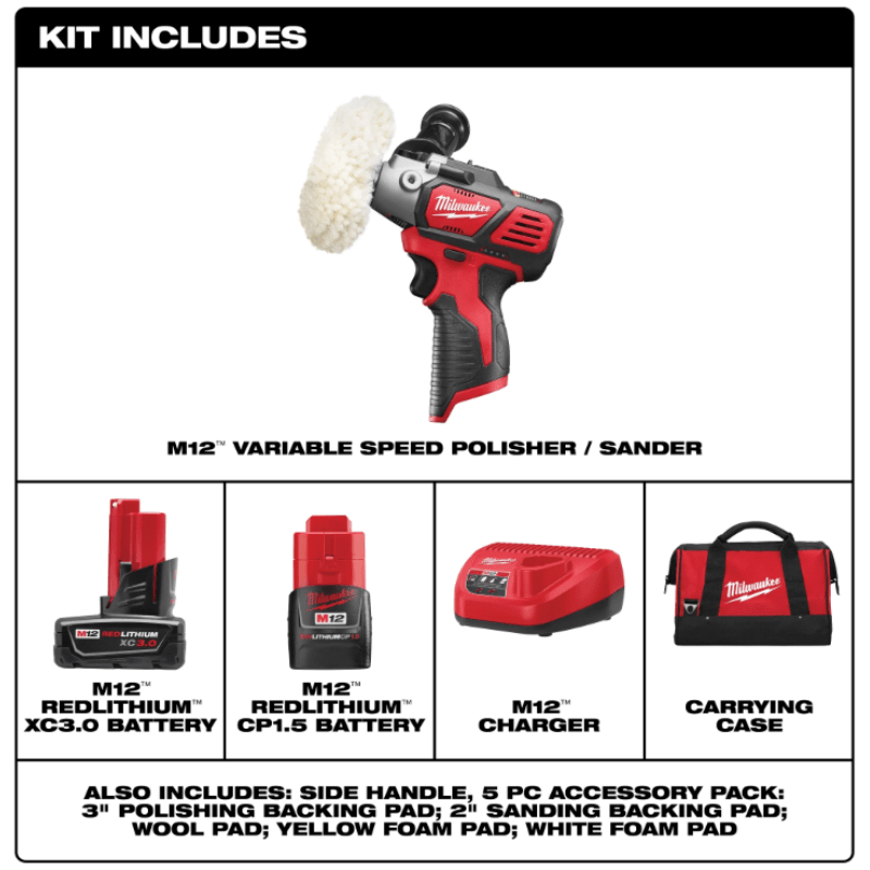 KIT PULIDORA/LIJADORA VELOCIDAD VARIABLE M12 MILWAUKEE 2438-22X6