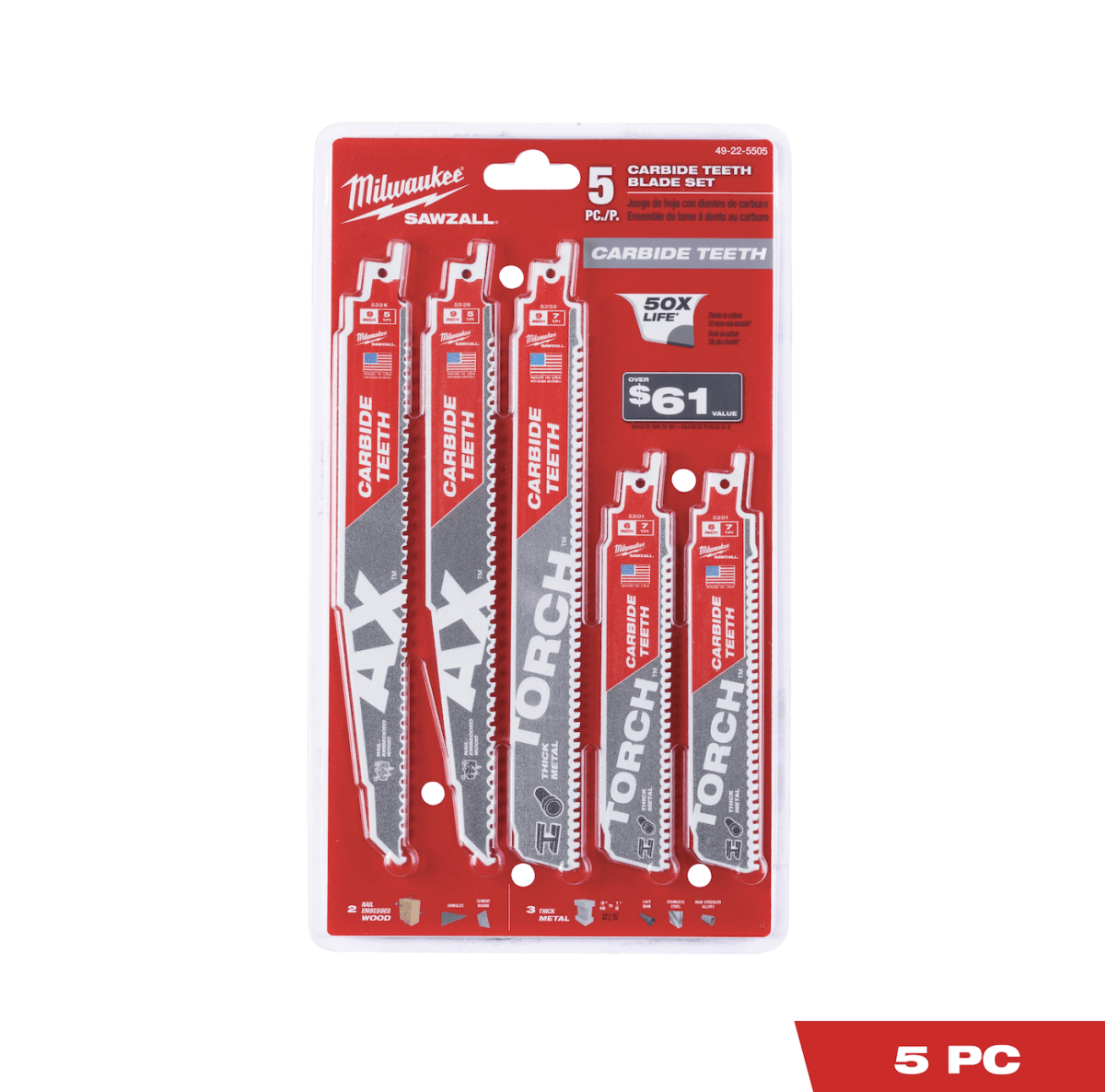 SET 5 HOJAS SIERRA FRONTAL MADERA Y METAL MILWAUKEE 49-22-5505 0