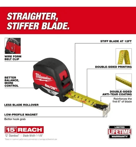 PACK HUINCHA MEDIR 8M 48-22-1026M + TIZADOR ROJO MILWAUKEE 48-22-39863