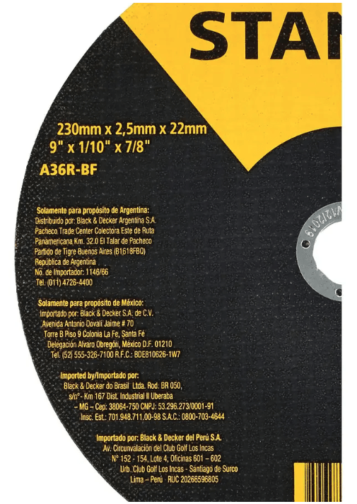 DISCO DE CORTE METAL 230X2.5MM STANLEY STA80692