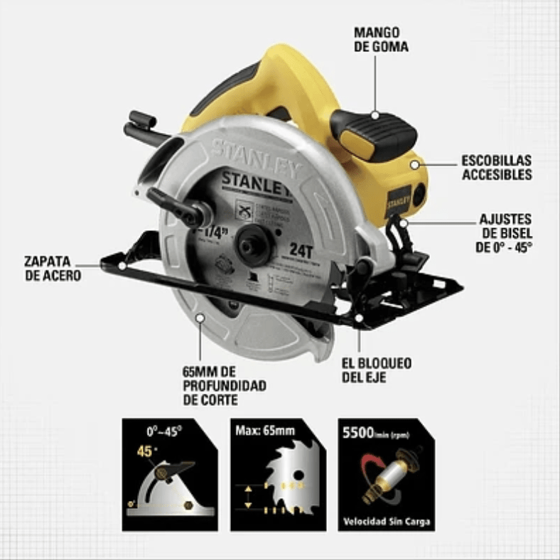 SIERRA CIRCULAR 1600W + 2 DISCO SIERRA 7-1/4” STANLEY SC16D2-B2C4
