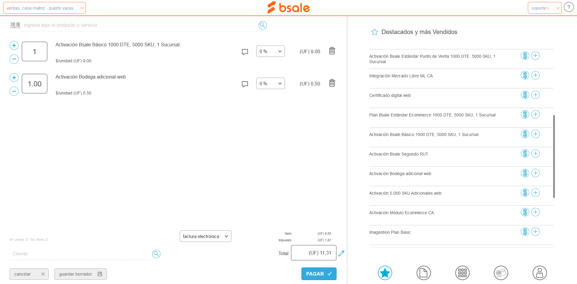 Plan Básico y Bodega adicional añadidos desde el punto de venta