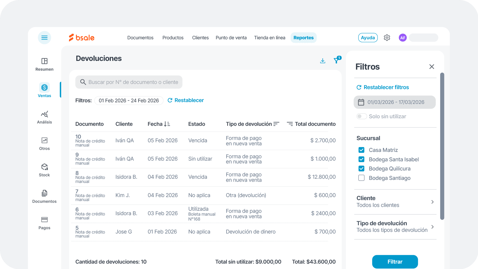 Bsale Reporte de devoluciones renovado.