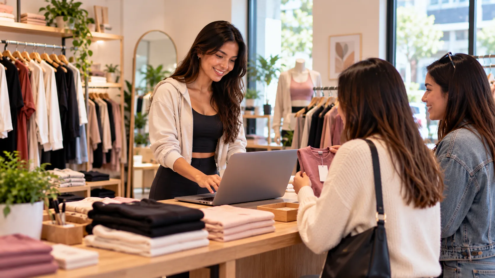 Emprendedora atendiendo a dos clientas en una tienda de ropa mientras registra una venta desde su laptop