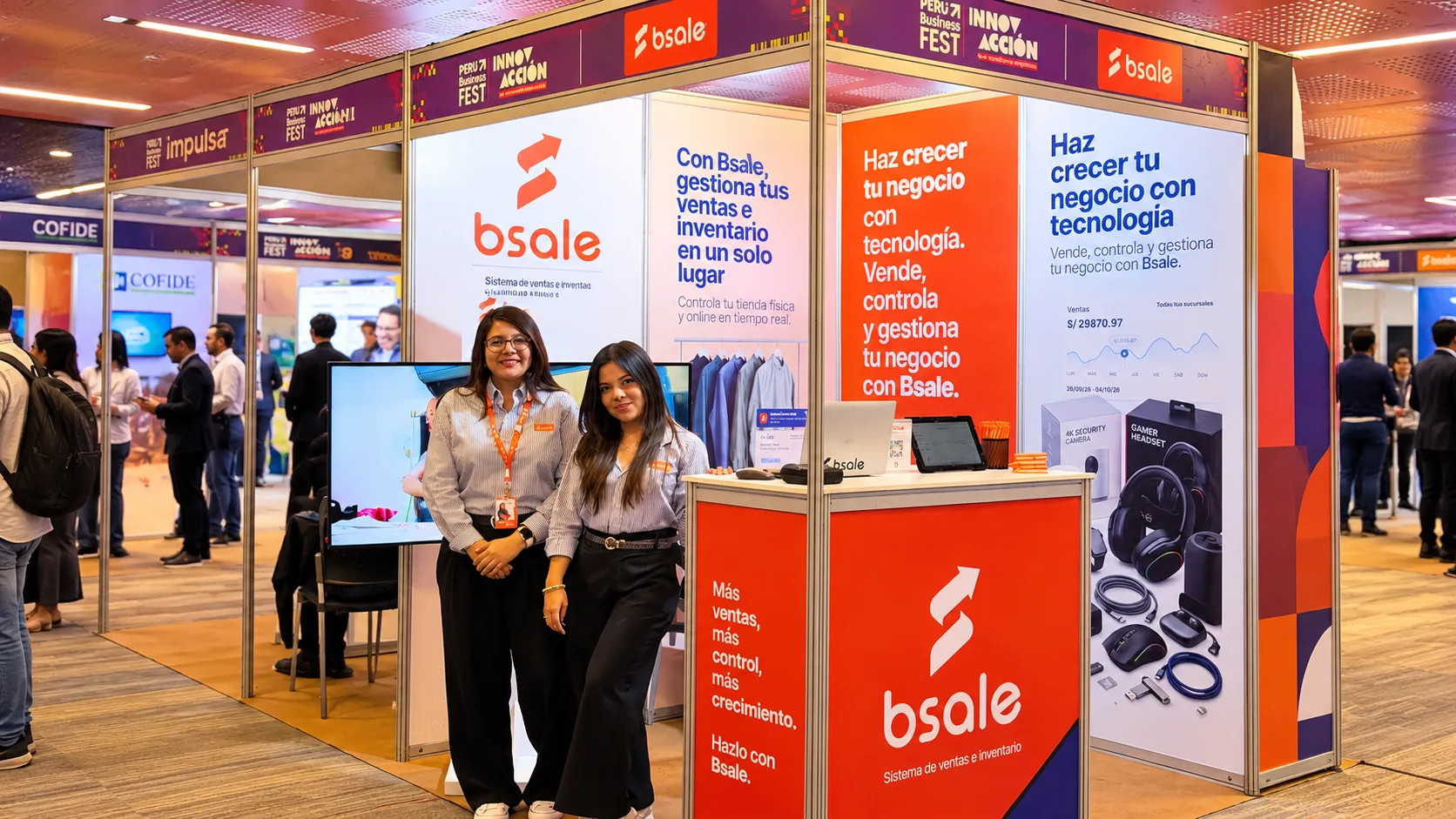 Integrantes del equipo de Bsale Perú en su stand de Perú Business Fest 2026, donde presentaron soluciones de ventas e inventario