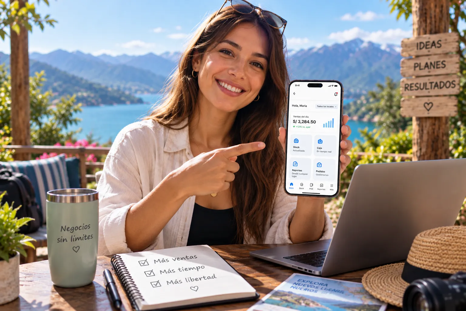 Emprendedora controlando su negocio a distancia desde el celular