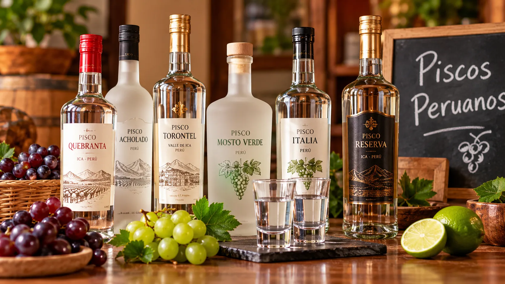 Exhibición de diferentes variedades de pisco peruano, como quebranta, acholado, torontel e Italia