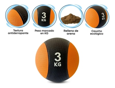 BALON MEDICINAL DE GOMA CON REBOTE 3 KILOS NEGRO-NARANJA