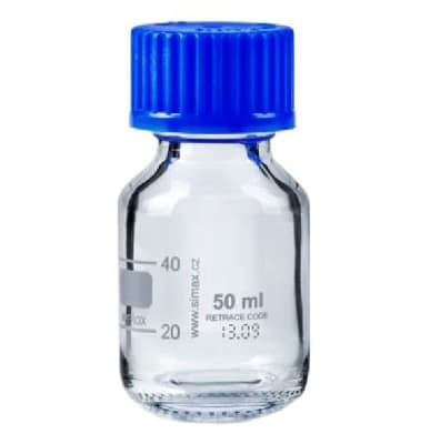 FRASCO DE VIDRIO GRADUADO 50 ML BOROSILICATO 3.0 TAPA AZUL MARCA BOECO1