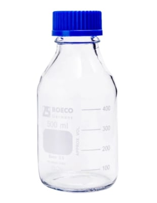 FRASCO DE VIDRIO GRADUADO 500 ML BOROSILICATO 3.0 TAPA AZUL MARCA BOECO1