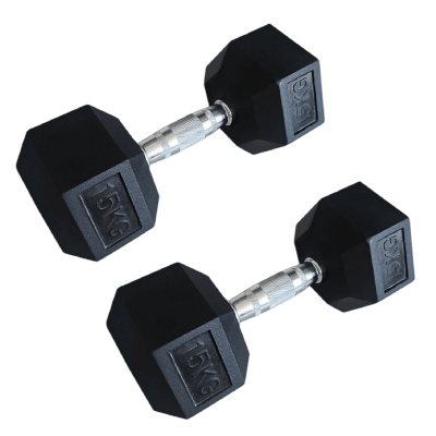 PAR DE MANCUERNAS HEXAGONALES FIERRO MANGO CROMADO 15 KG1