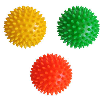 PACK 3 PELOTAS DE MASAJE ERIZO RIGIDAS 9 CM AMARILLO-NARANJA-VERDE