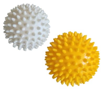 PACK 2 PELOTAS DE MASAJE ERIZO RIGIDAS 7.5 Y 9 CM BLANCO-AMARILLO