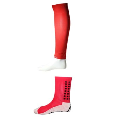 PACK CALCETA ANTIDESLIZANTE + MEDIA DE FUTBOL SIN PIE OLYMPHUS COLOR ROJO TALLA ADULTO1