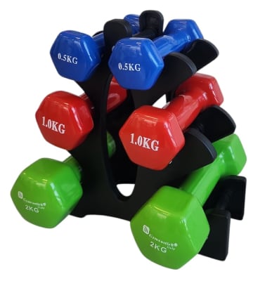RACK CON 3 PARES DE MANCUERNAS VINILO DE 0.5 - 1.0 Y 2.0 KG1