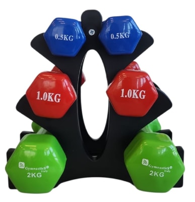 RACK CON 3 PARES DE MANCUERNAS VINILO DE 0.5 - 1.0 Y 2.0 KG