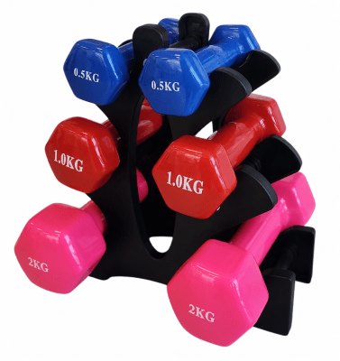 RACK CON 3 PARES DE MANCUERNAS VINILO DE 0.5 - 1 Y 2 KG AZUL-ROJO-ROSADO1