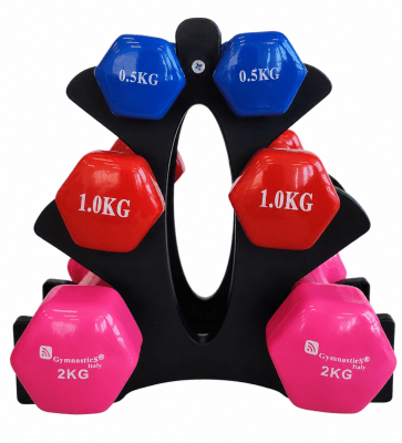 RACK CON 3 PARES DE MANCUERNAS VINILO DE 0.5 - 1 Y 2 KG AZUL-ROJO-ROSADO
