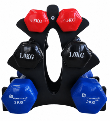 RACK CON 3 PARES DE MANCUERNAS VINILO DE 0.5 - 1 Y 2 KG ROJO-NEGRO-AZUL