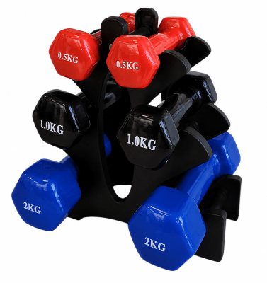 RACK CON 3 PARES DE MANCUERNAS VINILO DE 0.5 - 1 Y 2 KG ROJO-NEGRO-AZUL1