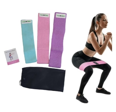 SET DE 3 BANDAS ELASTICAS CIRCULARES DE TELA CON BOLSO GLUTEOS Y CADERAS